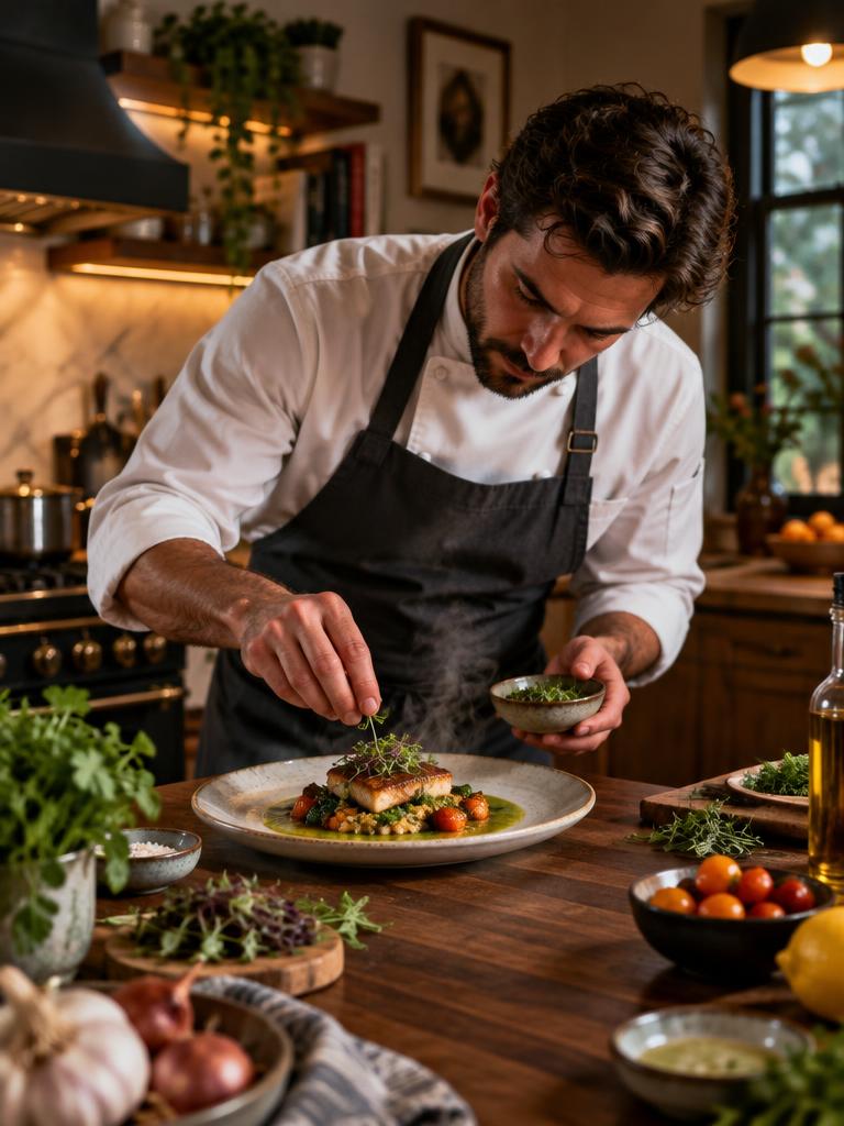 Chef plating a gourmet dish in a home kitchen