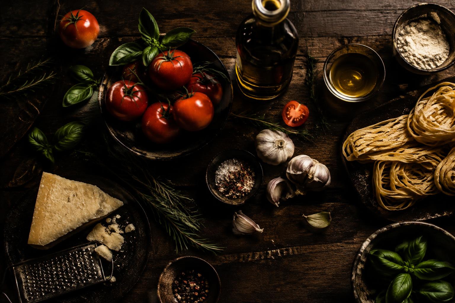 Fresh Italian ingredients on a dark wooden table