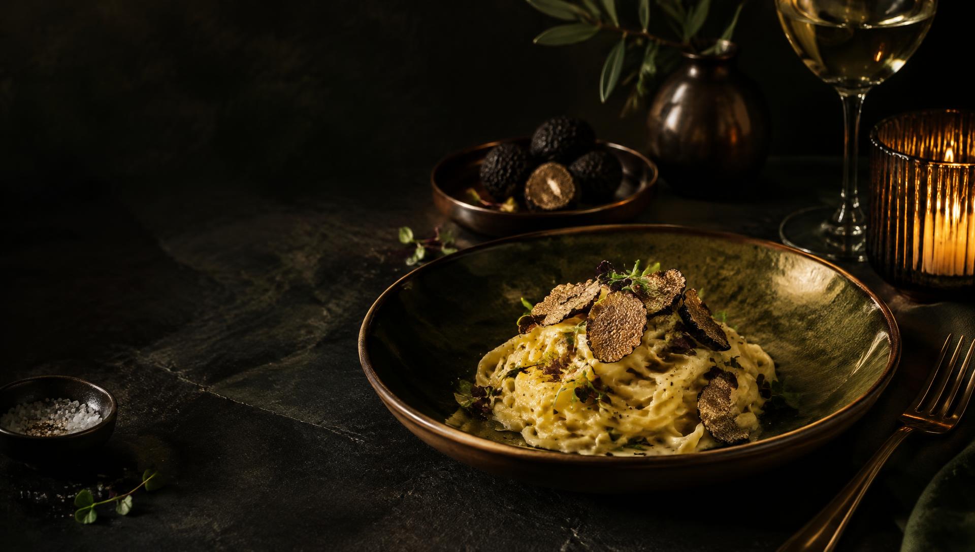 Handmade pasta with shaved truffle, plated by candlelight